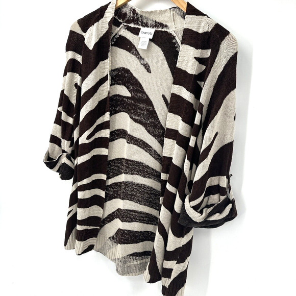 Chico's Sweater Womens Large L Open Cardigan Brown Tan Linen Blend Zebra Knit - Picture 3 of 7